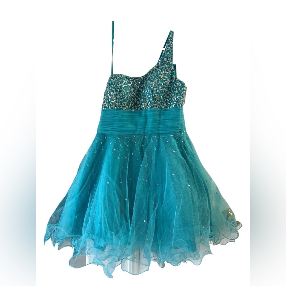 Dave & Johnny blue sparkle one strap prom dress
